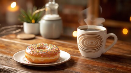 Steaming Coffee Mug and Sprinkle Donut on Rustic Wooden Table with Cozy Lighting