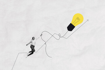 Composite collage image picture of mini black white effect girl hold string big light bulb isolated...