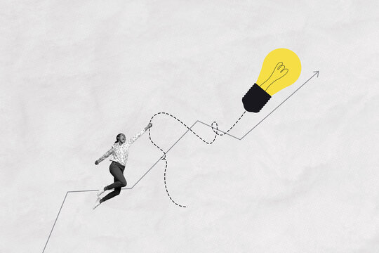 Composite collage image picture of mini black white effect girl hold string big light bulb isolated on creative background