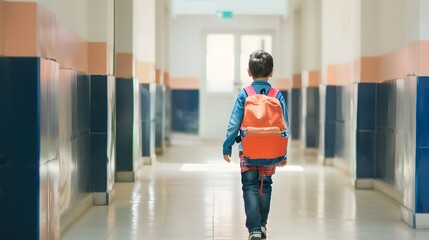 A young boy with a bright orange backpack walks down a sunlit school hallway, evoking a sense of curiosity and excitement for learning.