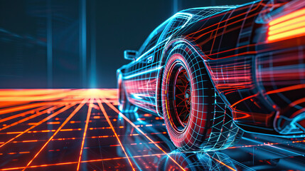 Modern aesthetic, low, back wheel, side on view from behind, car on neon laser gridlines driving towards horizon. 3D 80s retro wave, futuristic, clear, beautiful, isolated, futurism, copy space