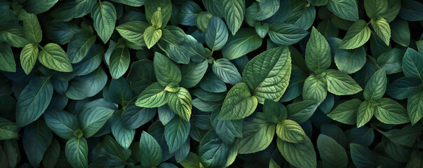 Obraz premium Top view of green leaves in the forest on a dark background banner. Fresh, vibrant and lush leaves create an elegant pattern.