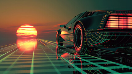 Modern aesthetic, low, back wheel, side on view from behind, car on neon laser gridlines driving towards sunset horizon. 3D 80s retro wave, futuristic, clear, beautiful, isolated, futurism, copy space