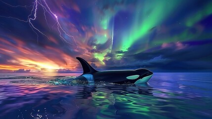 an orca swims in the glow of the northern lights, with lightning-charged clouds and a stormy sky in the background, sun setting over peaceful water,