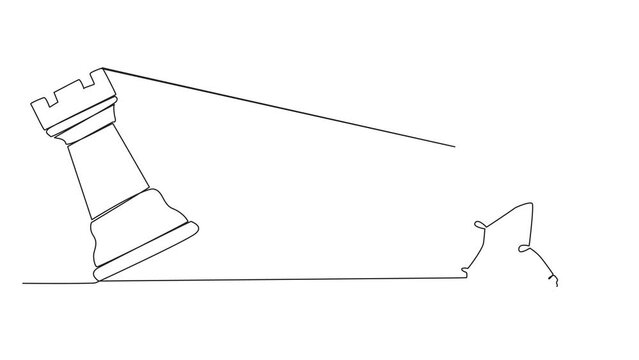 Animation of single one line drawing smart robot future technology pulling big rook chess with rope. Business achievement goal, strategy, competitive, strategic concept. Full length motion