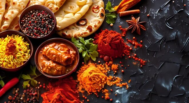 Exploring the Vibrant Indian Street Food Scene: A Feast of Colorful Spices, Masala, Naan, Biryani, and Samosa. Concept Indian Cuisine, Street Food, Spices, Exotic Flavors, Culinary Delights