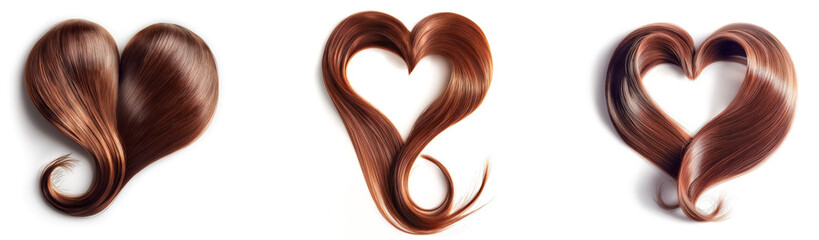 Set of Heart-Shaped Chestnut Hair Isolated on White Background