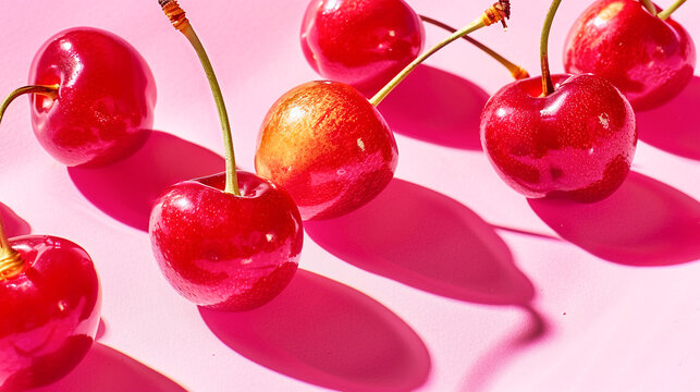 Fresh sweet cherries on neon pink background in bright sunlight. Summer concept