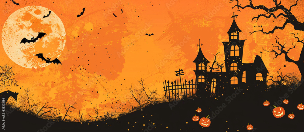 Wall mural Halloween Fullmoon Banner, Witch, Haunted House, Pumpkins and Bats.