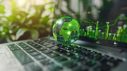 On the keyboard of the laptop, there is a green globe with stock graphs displayed on the laptop screen. This is a green business concept. Carbon efficient technology. Digital sustainability.