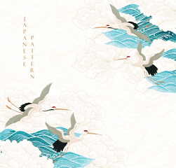 Chinese wave decorations with crane birds and Peony flowers background in vintage style. Japanese background with Blue watercolor painting texture vector. Oriental art banner design wallpaper.