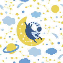 Seamless pattern decorative vector sleeping raccoon lying, stars, clouds isolated on white background, wild mammal, cartoon illustration cute animal for design good night children card, poster for kid