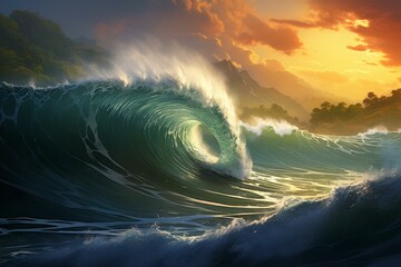 Towering Tsunami wave. Nature ocean storm. Generate Ai