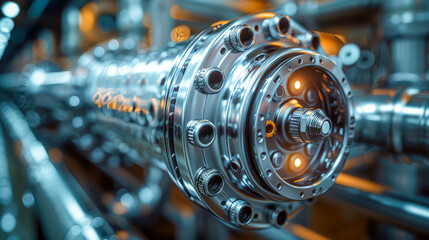 Industrial production line. Industrial equipment. Steel pipelines and valves