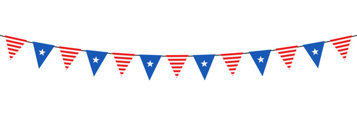 USA flag bunting garlandon the ropes on white background, vector illustration.
