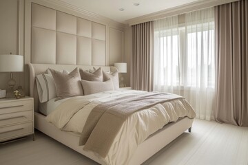 Minimalist beige and white luxury bedroom with clean lines and serene atmosphere.