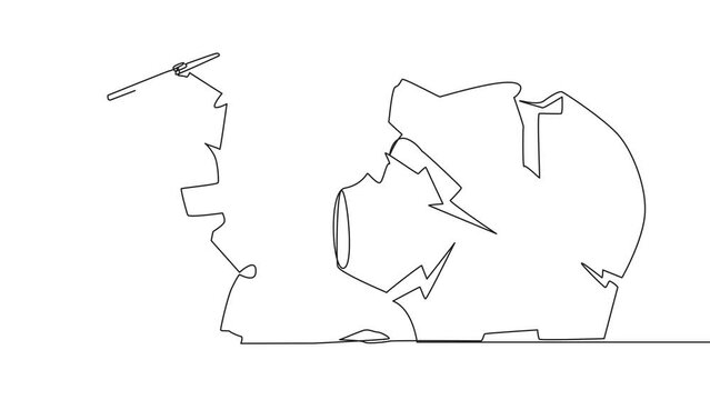 Animation of single one line drawing smart robotic preparing to hit the big piggy bank. Running out of capital. Unprofitable business. Continuous line self drawing animated. Full length motion