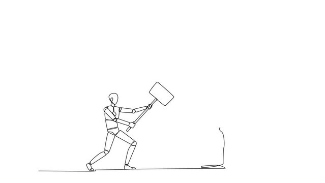 Self drawing animation of single one line drawing smart robotic preparing to hit big swinging pendulum. Metaphor eliminate business distraction. Number one to be business keeper. Full length animated