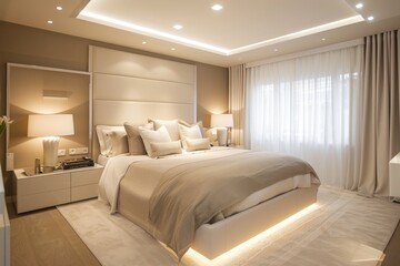 Minimalist beige and white luxury bedroom with clean lines and serene atmosphere.