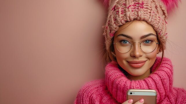 Cheerful lady with a phone and delivery boxes, in casual wear, against a light pink backdrop, eyeing the camera  , The images are of high quality and clarity   , The images are of high quality and cla