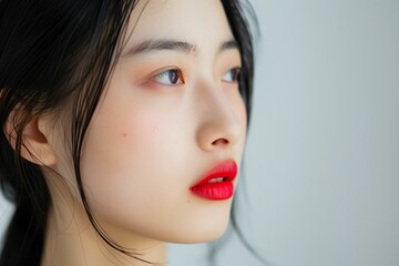 Fototapeta premium young East Asian woman with sleek black hair, wearing red lipstick, studio shot, white background