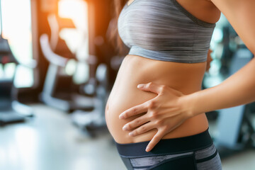 close-up shot focusing on the belly of an very fat woman, wearing a tank top and workout clothes, Showing big belly pose, exceeding standard weight, blurred gym background