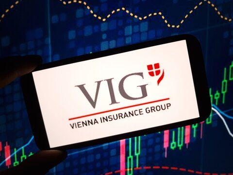 Konskie, Poland - May 29, 2024: Vienna Insurance Group company logo displayed on mobile phone