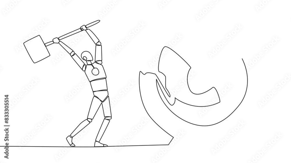 Poster self drawing animation of single continuous line drawing smart robotic preparing to hit the big targ