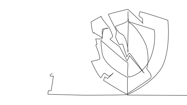 Animation of single one line drawing smart robot preparing to hit big shield. Rampage. System is undermined by business competitors. Unfair competition. Virus attack. Full length motion