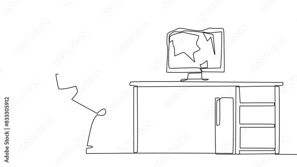 Poster animated self drawing of single continuous line drawing smart robotic preparing to hit computer moni