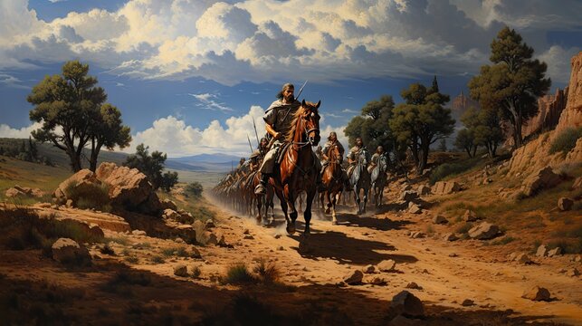 An intense cavalry charge scene set against a desert landscape under a vast sky