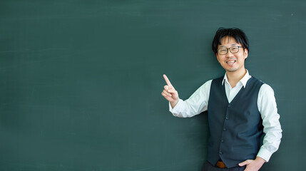 黒板の前に立つ男性