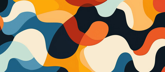 Naklejka premium Abstract retro groovy background with colorful shapes and waves, abstract composition of wavy lines and curves in a palette of blue, orange, yellow, and cream