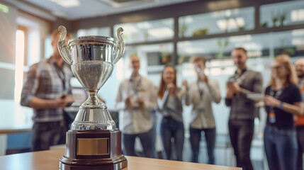 Silver trophy with celebrating team in background. Silver trophy award for business achievement with happy team celebrating in a modern office, recognizing success and hard work