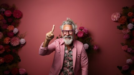 An elderly man with white hair, laughing joyously, pointing upwards, surrounded by flowers on a pink backdrop