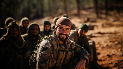 Obraz premium A smiling soldier in military attire poses with his squadron in a desert environment, showcasing camaraderie