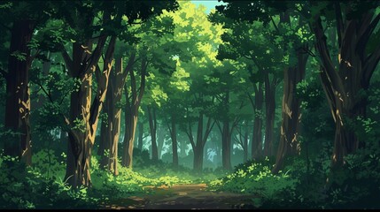 Anime cartoon style woodland forest background.Generative AI.