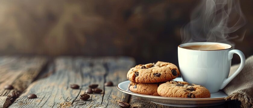 Steaming cup of coffee with fresh cookies on a rustic wooden table, creating a cozy breakfast or snack setting.