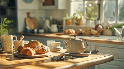 Fototapeta premium Sunlit kitchen with a cozy atmosphere, featuring freshly baked pastries, a teapot, and cups on a wooden table.