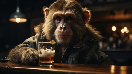 An anthropomorphized monkey in a coat sits at a bar with a whiskey glass, providing a quirky, surreal vibe
