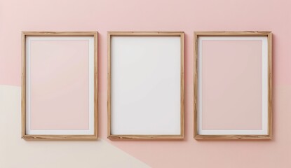 3 vertical wooden frames mockup on wall, white and pink background
