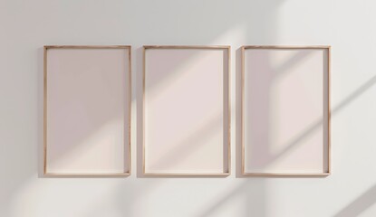 3 vertical wooden frames mockup on wall, white and pink background