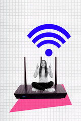Vertical collage image young happy cheerful girl sit wifi router internet connection access signal...