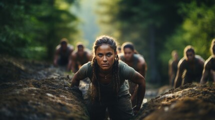Determined women participate in an intense outdoor obstacle course, crawling through mud with focus
