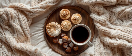 Cozy morning setting with coffee cup, assorted pastries on wooden tray, and warm knitted blanket, creating a relaxed atmosphere.