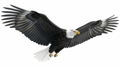Obraz premium Flying eagle, isolated on white, detailed feathers, majestic flight, bird of prey ,The images are of high quality and clarity