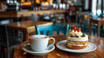 Cozy cafe scene with a cup of cappuccino and a delicious sponge cake topped with berries and cream, inviting a relaxed and pleasant atmosphere.