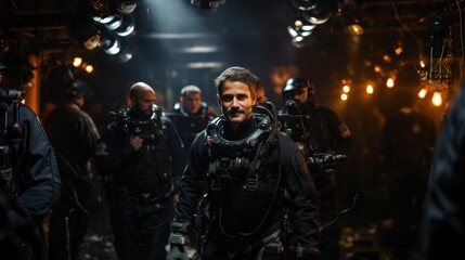Naklejka premium A male actor in a futuristic costume stands on a high-tech movie set surrounded by crew