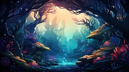 A mystical underwater forest setting with vivid colors and fantastical lighting