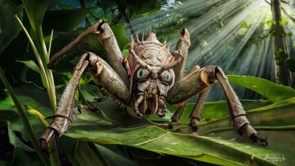 Fototapeta premium A huge fictional bug with big eyes on a leaf in the sunlight, AI
